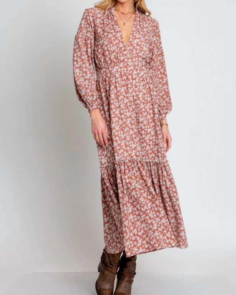 Front of a model wearing a size L Cassandra Dress in Cinnamon Spice in Cinnamon Spice by Monte. | dia_product_style_image_id:343193